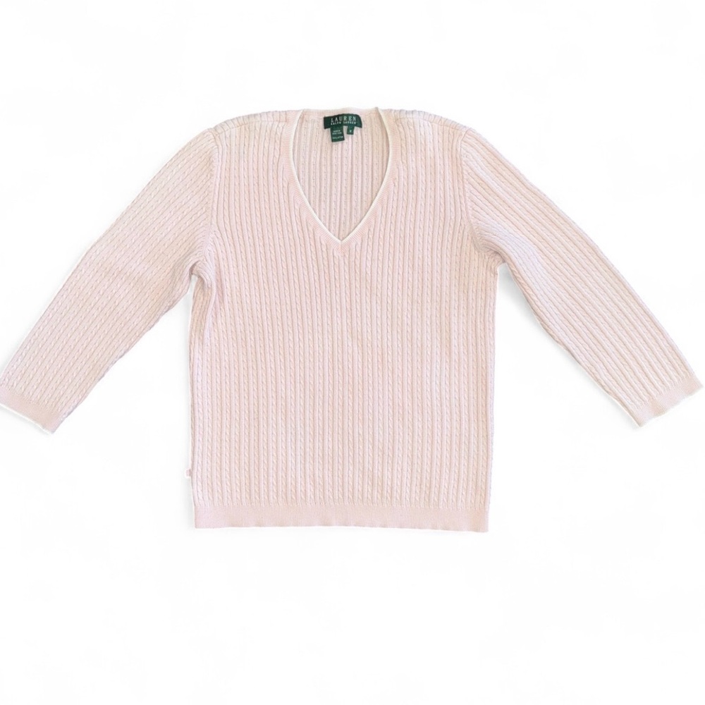 Lauren Ralph Lauren Vintage V Neck Sweater Pink Ribbed Knit Size M Preppy Y2K